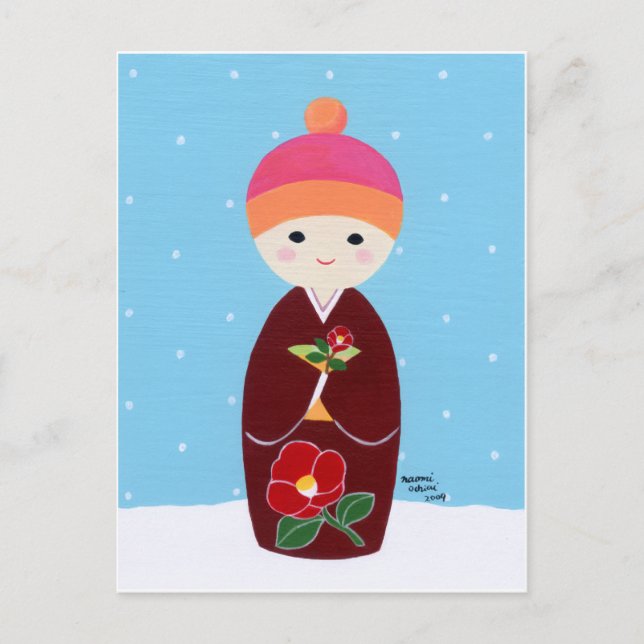 Kokeshi Doll mit Kamelien Postkarte (Vorderseite)