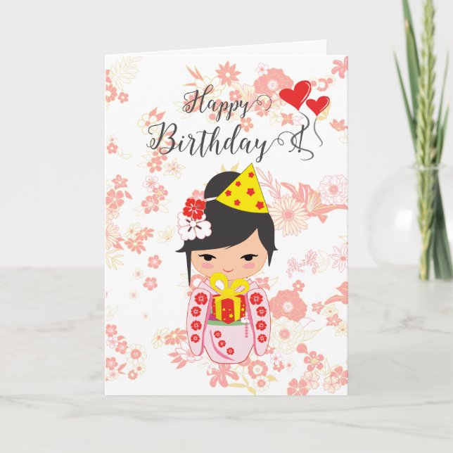 Kokeshi Doll Pink Happy Birthday Card Dankeskarte (Vorderseite)