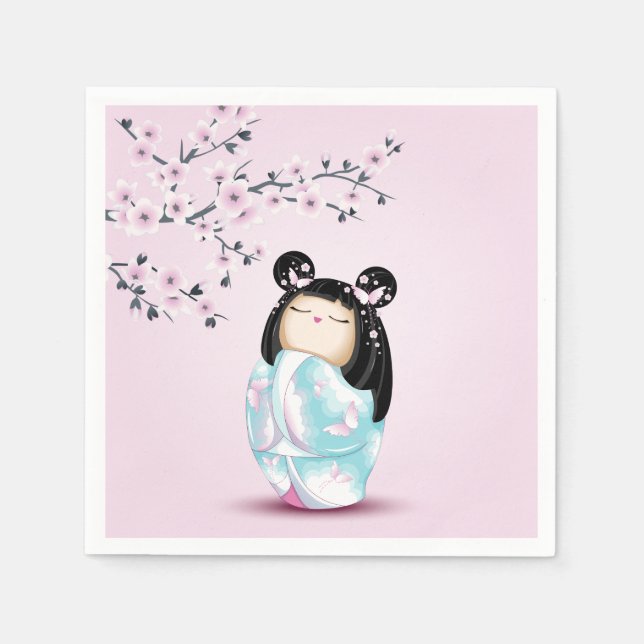 Kokeshi Doll Pink Turquoise Girls Geburtstag Serviette (Vorderseite)