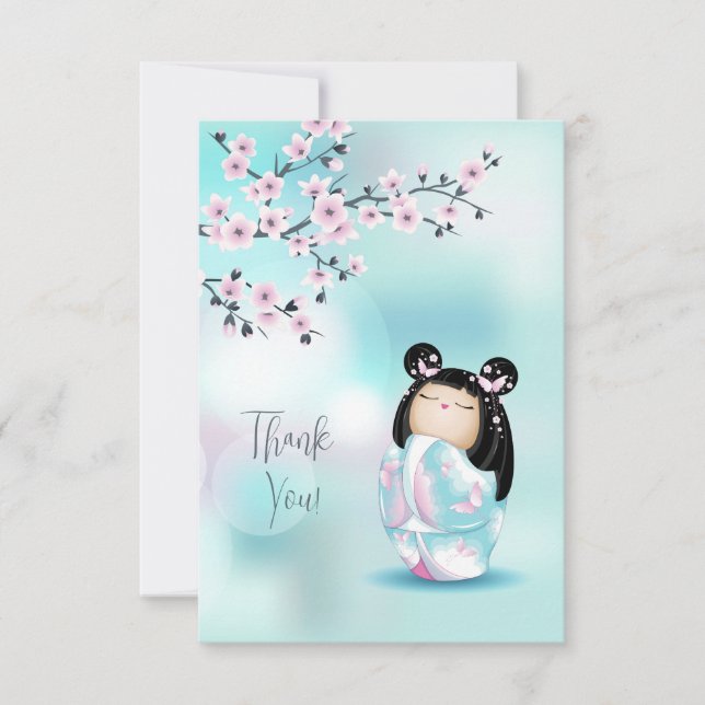Kokeshi Doll Pink Turquoise Vielen Dank Dankeskarte (Vorderseite)