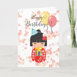 Kokeshi Doll Red Happy Birthday Card Dankeskarte