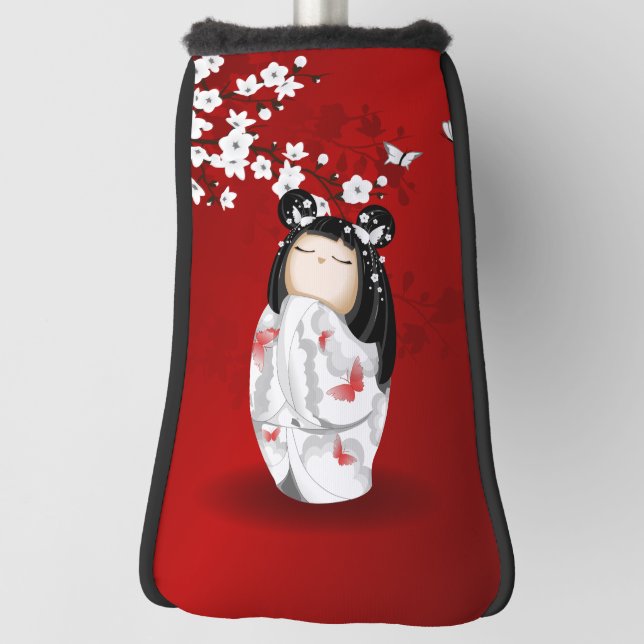 Kokeshi Doll Schwarz-weiße Kirschblüten Golf Headcover (Rotieren 90)