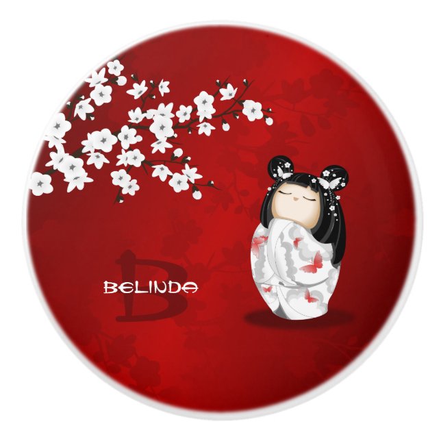 Kokeshi Doll Schwarz-weiße Kirschblüten Keramikknauf (Vorderseite)