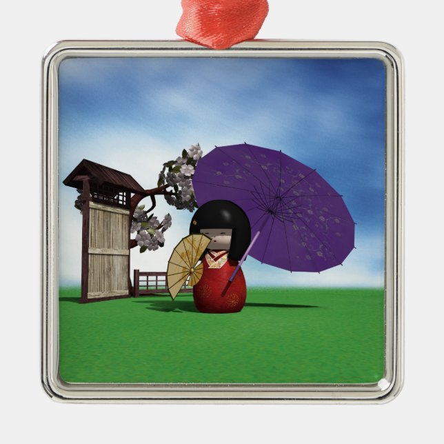 Kokeshi Doll Silbernes Ornament (Vorne)