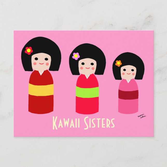 Kokeshi Doll Sisters Cartoon Postkarte (Vorderseite)
