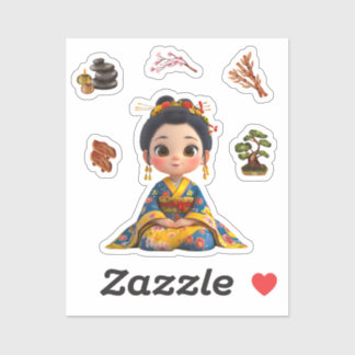 Kokeshi Doll Sticker Blau und Gold