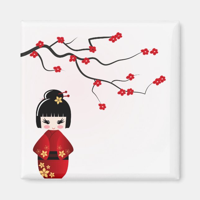 Kokeshi Doll Under Sakura Branch Magnet (Vorne)