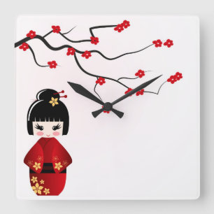 Kokeshi doll under sakura branch wall clock quadratische wanduhr