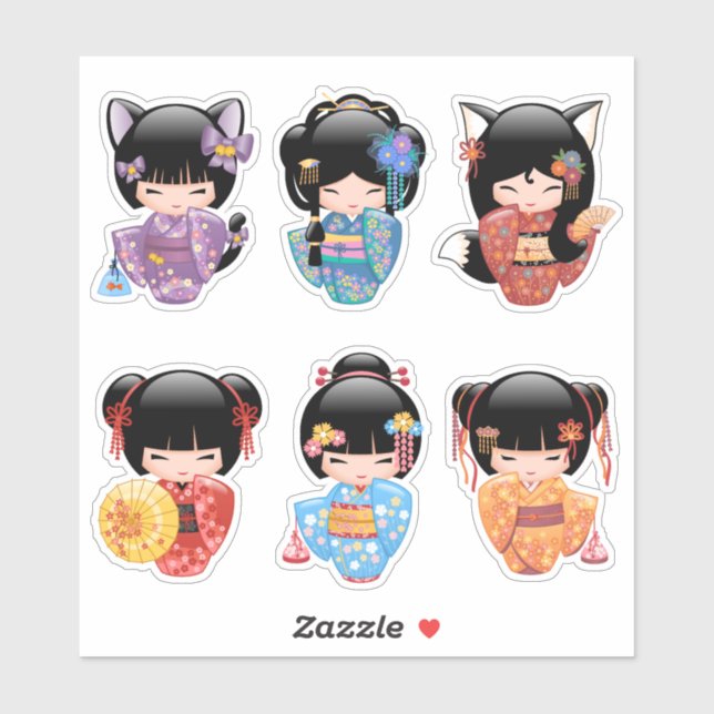 Kokeshi Dolls Set 2 - Japanische Kimono Geisha Gir Aufkleber (Blatt)