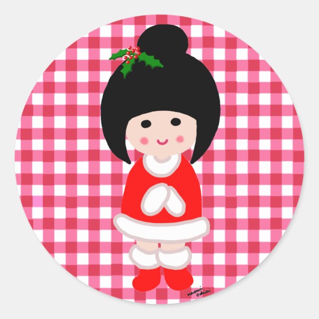 Kokeshi Girl Christmas Runder Aufkleber (Vorderseite)