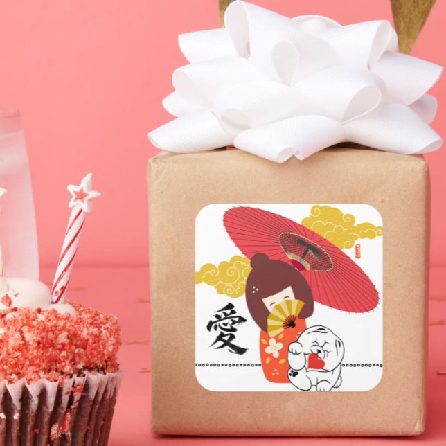 KOKESHI LOVE  Chow dog heart  Quadratischer Aufkleber (Von Creator hochgeladen)