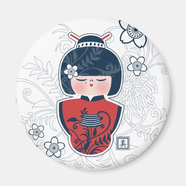 Kokeshi-Marine weiß rot Magnet (Vorne)