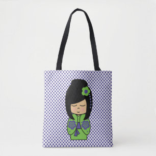 Kokeshi-Puppe Grün Lila All-Over-Print-Tasche