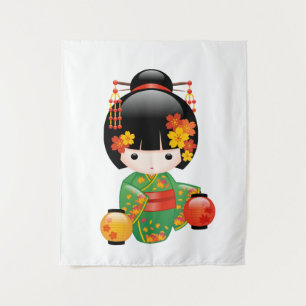 Kokeshi-Puppe im Fall - Geisha-Mädchen im grünen K Wandteppich