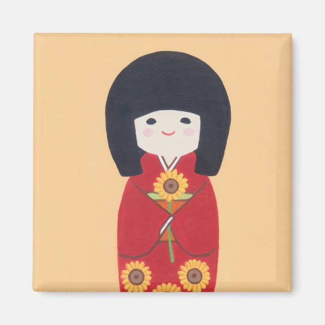Kokeshi-Puppe mit Sonnenblume Magnet (Vorne)