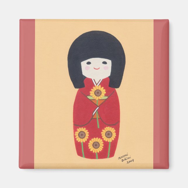 Kokeshi-Puppe mit Sonnenblume Magnet (Vorne)