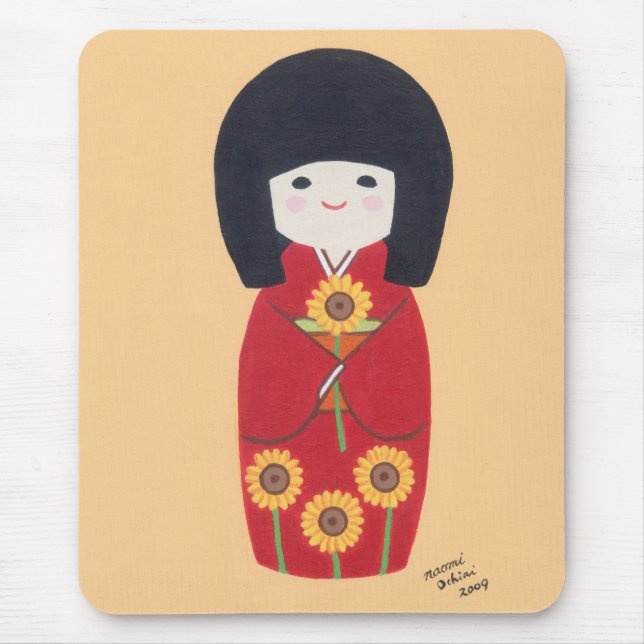 Kokeshi Puppe mit Sonnenblume Mousepad (Vorne)