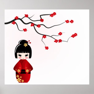 Kokeshi-Puppe unter einem Sakura-Zweigposter Poster
