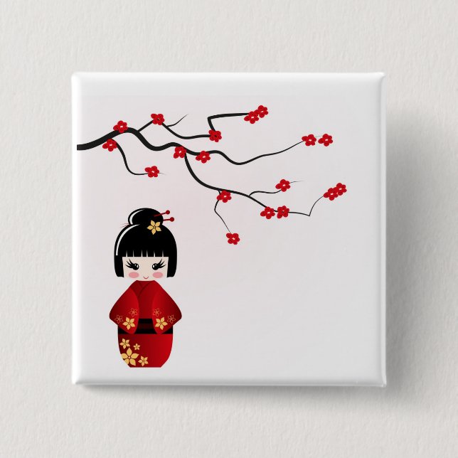 Kokeshi Puppe unter Kirschblüte-Niederlassung Button (Vorderseite)
