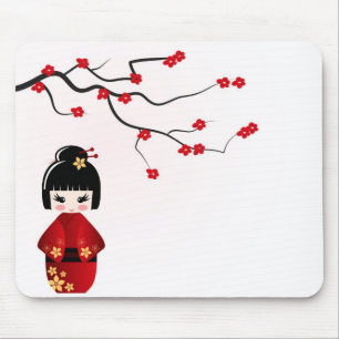 Kokeshi Puppe unter Kirschblüte-Niederlassung Mousepad
