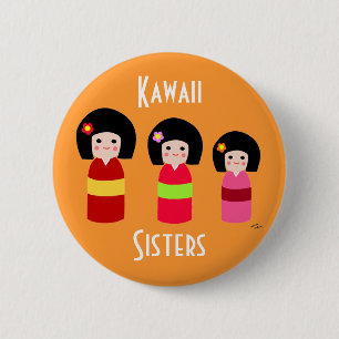 Kokeshi Puppen-Schwester-Cartoon Button