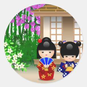 Kokeshi Puppen und Teehaus Runder Aufkleber