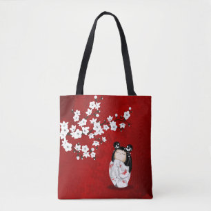 Kokeshi Puppenrot Schwarz und Weiße Kirschblüten