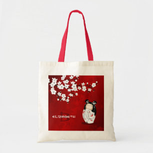 Kokeshi Puppenrot Schwarz-Weiß-Kirschblüte T Tragetasche