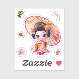 Kokeshi-Puppensticker, Geisha mit Regenschirm Aufkleber