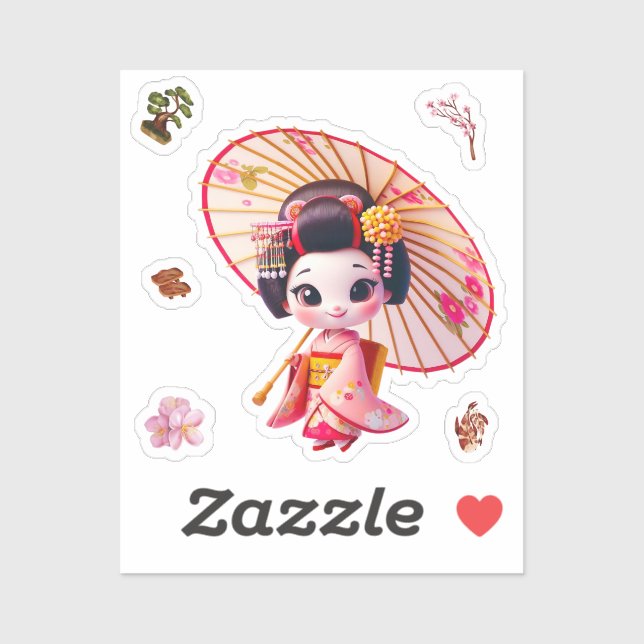 Kokeshi-Puppensticker, Geisha mit Regenschirm Aufkleber (Blatt)