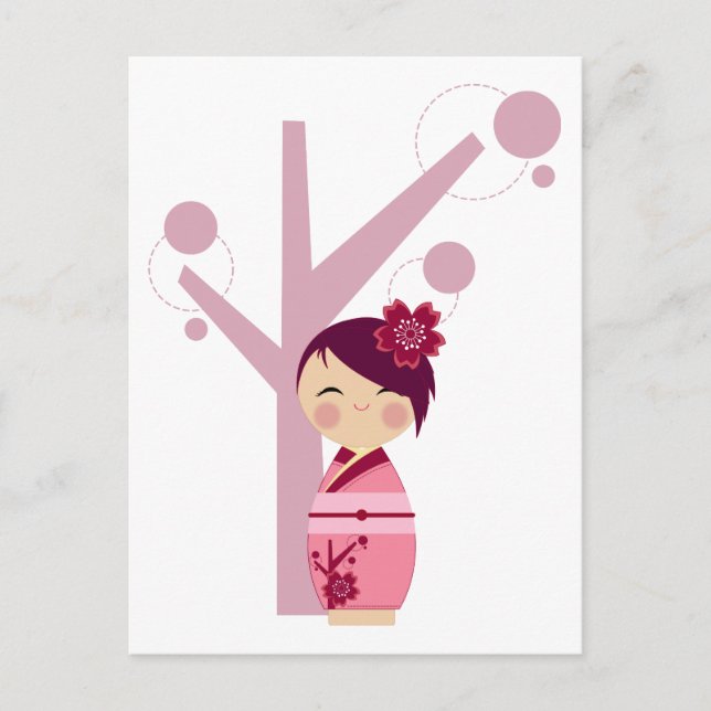 Kokeshi Sakura & Cherry Tree Postcard Postkarte (Vorderseite)