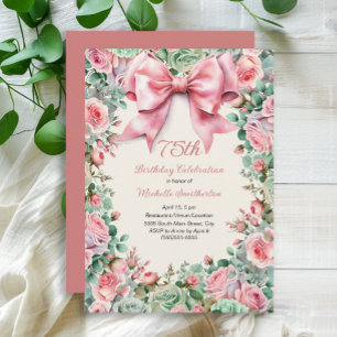 Kokett rosa Schleife Mintgrün Floral 75. Geburtsta Einladung