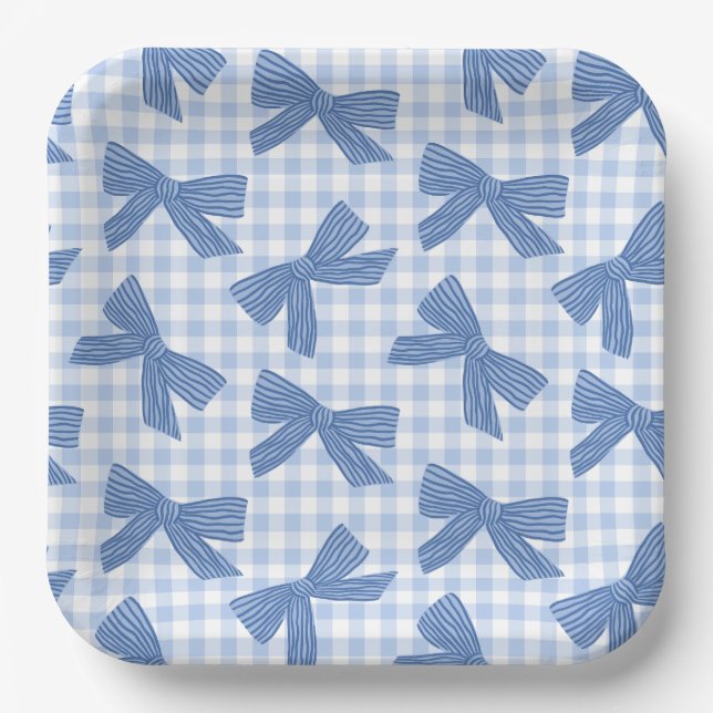 Kokette blaue Gingham und Schleifen Pappteller (Vorderseite)
