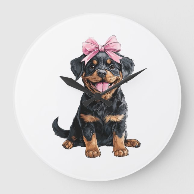 Kokette Bogen Rottweiler Hundemutter Mädchen Rosa Große Wanduhr (Vorderseite)