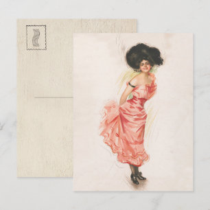 Kokette Brünette Frau in rosa Seidenkleid Postkarte