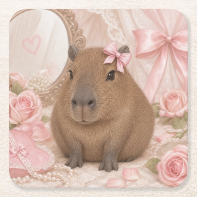 Kokette Capybara-Rosa-Bogen-Unterlage Rechteckiger Pappuntersetzer (Vorderseite)