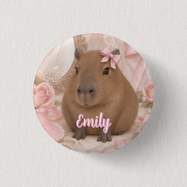 Kokette Capybara rosa Schleife Button (Vorderseite)