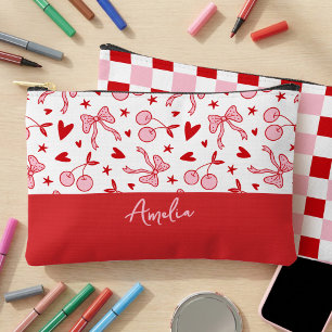 Kokette Kirsche & Schleifen Rosa und Rot Karo Zubehörtasche