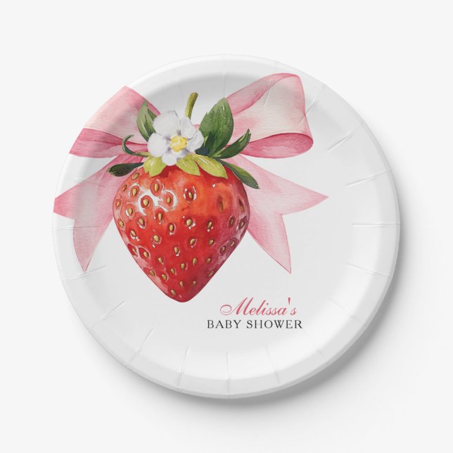 Kokette rosa Erdbeere Baby Shower Pappteller (Vorderseite)