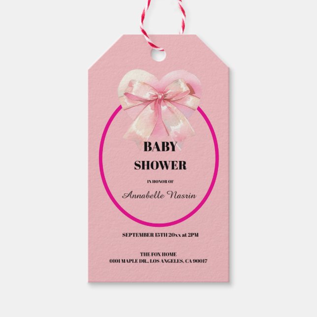 Kokette rosa Schleifen Mädchen Baby-Party Geschenkanhänger (Vorderseite)