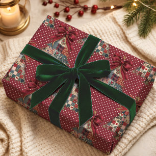 Kokette rote Patchwork-Polka-Punkte-Weihnachtsbäum Geschenkpapier