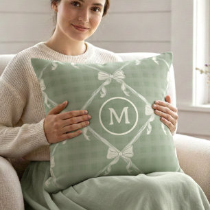 Kokette Schleifen Gingham Monogramm Creme Salbei G Kissen
