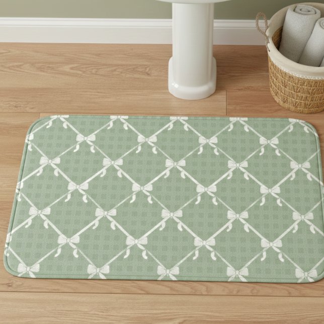 Kokette Schleifen Gingham-Muster Creme Salbeigrün  Badematte (Von Creator hochgeladen)