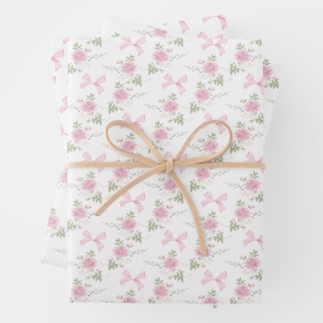 Kokette Toile De Jouy Rosa Schleife Geschenkpapier Set (Beispiel)