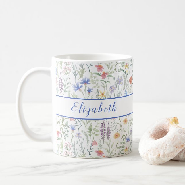 Kokette Wildblumenwiese Personalisiert Blau Kaffeetasse (Mit Donut)