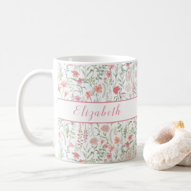Kokette Wildblumenwiese Personalisiert Rosa Kaffeetasse (Mit Donut)