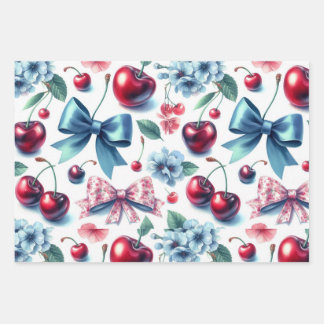 Koketten Bogen, Kirschen, Blumen, rot, rosa, blau Geschenkpapier Set