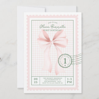 Koketten-Rosa-Gingham-Schleife Foto zum ersten Geb Einladung