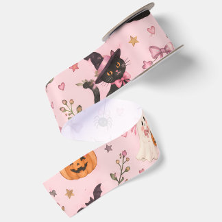 Koketten-Rosa-Halloween-Geist-Schwarze-Katze-Kürbi Satinband