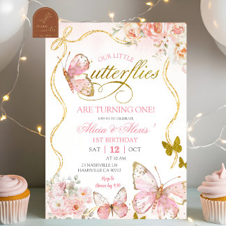 Koketten-Rosa-Zwillingsschmetterlinge Geburtstag Einladung